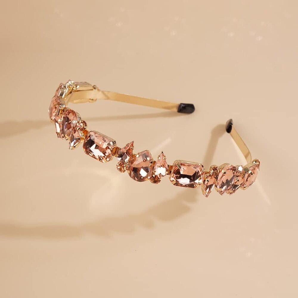 Rhinestone Headband Elastic Metal Pink Vintage Hair Accessory for Women - Picture 3 of 4